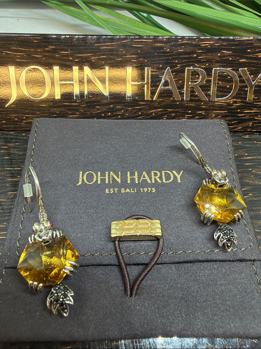 John Hardy Silver 18K Naga Batu Octagon Citrine Black Sapphire and Ruby Earrings